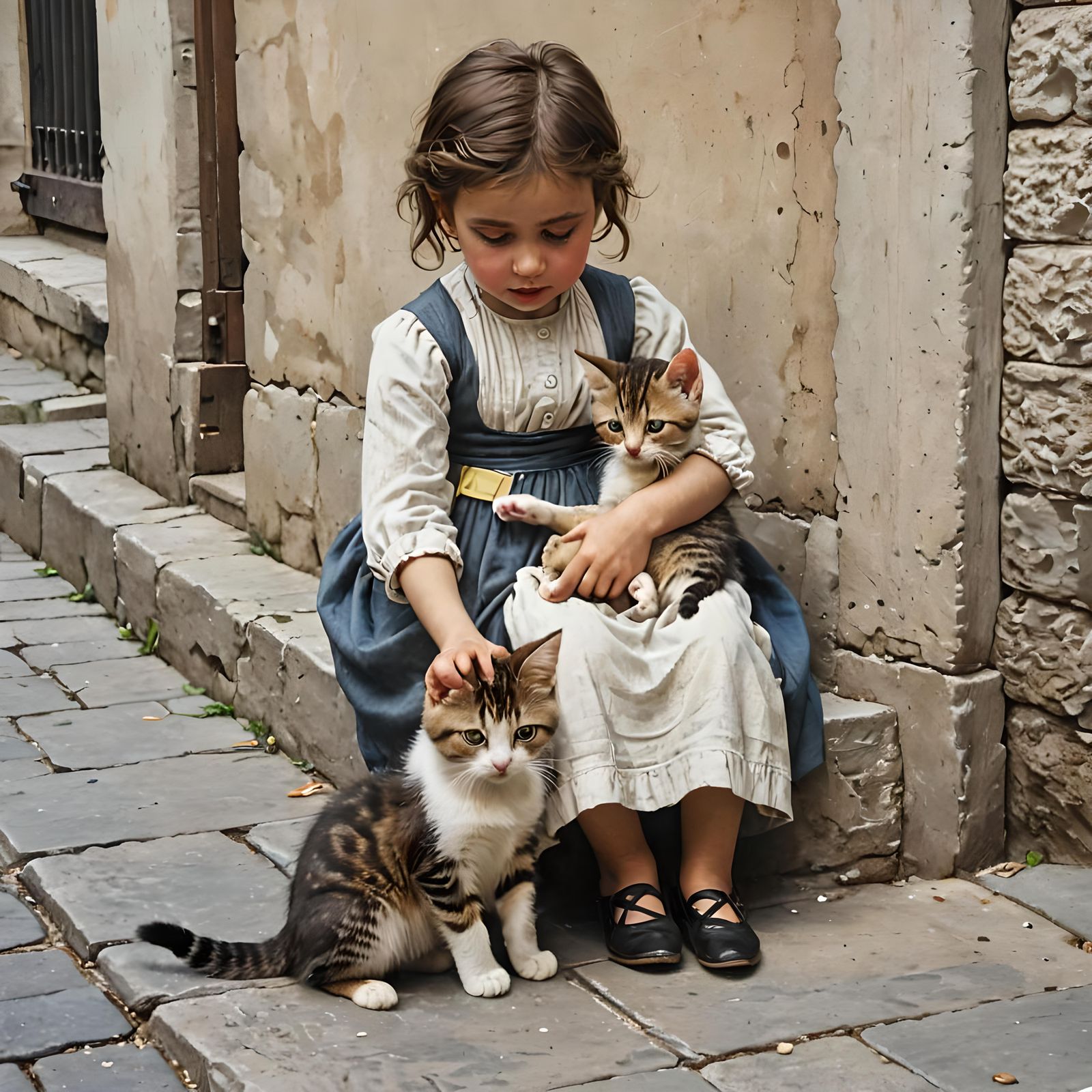 Girl and Sister with Kitten in Old Town