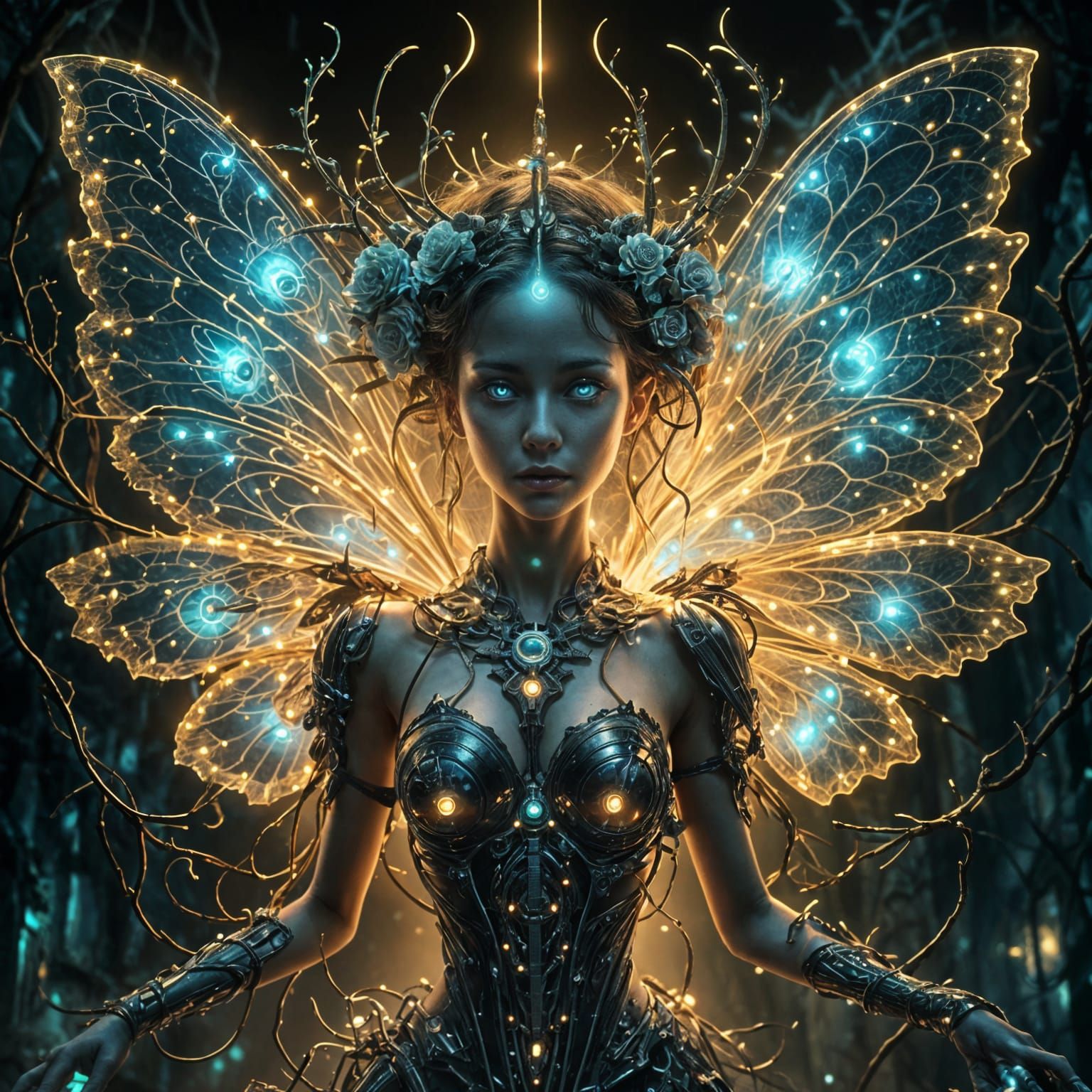 Glowing Evil Cyborg Fairy in Luminescent Art Style