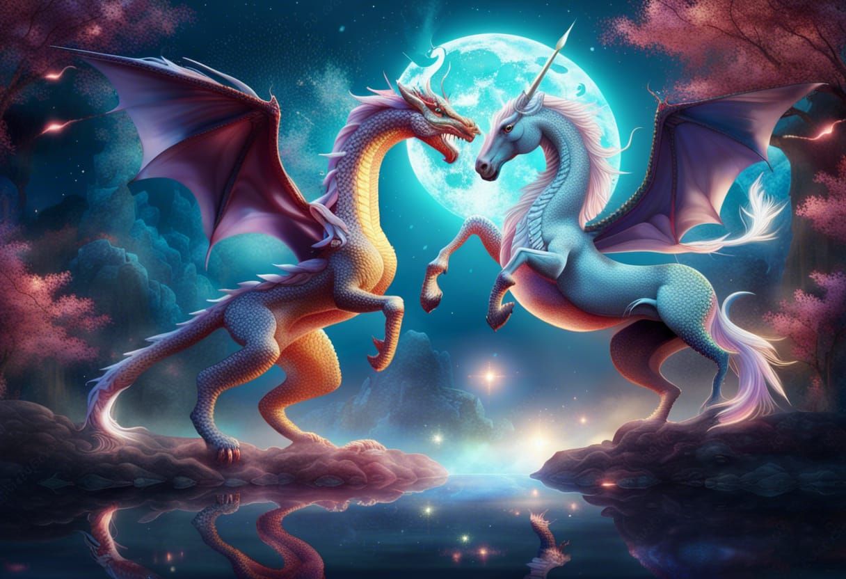 Dragon and Unicorn Battle in Moonlight