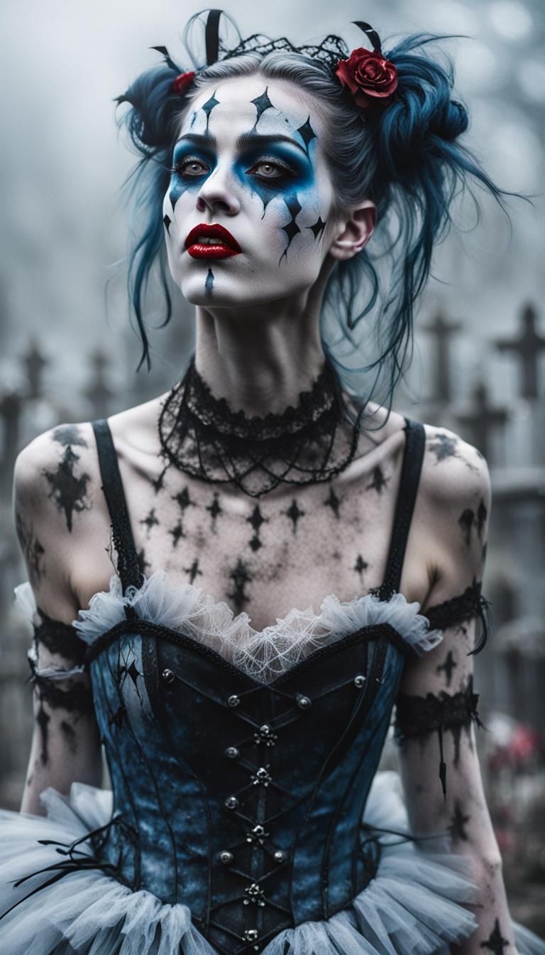 Ethereal Gothic Ballerina in Harlequin Makeup Amidst Desolat...