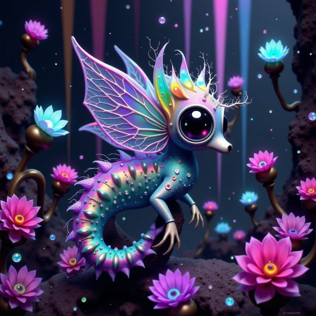 Rainbow Seahorse with Wings in Crystal Cave