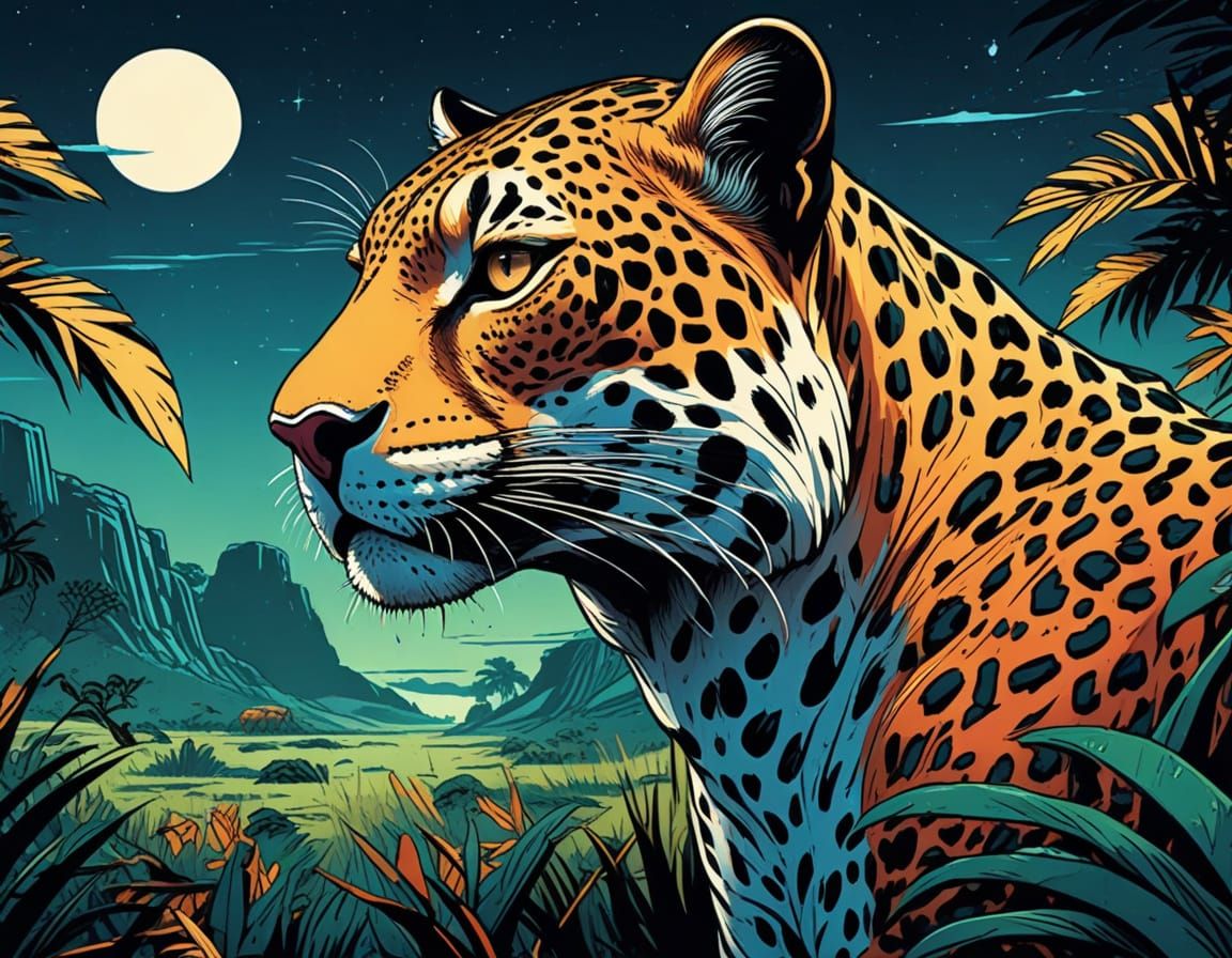 Majestic Savannah Leopard in Retro Comic Book Style