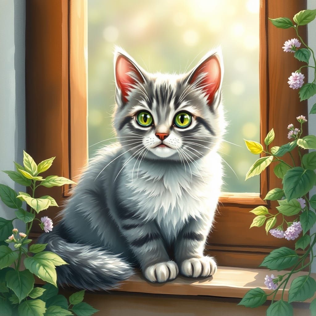 Whimsical Watercolor Kitty in a Green Oasis