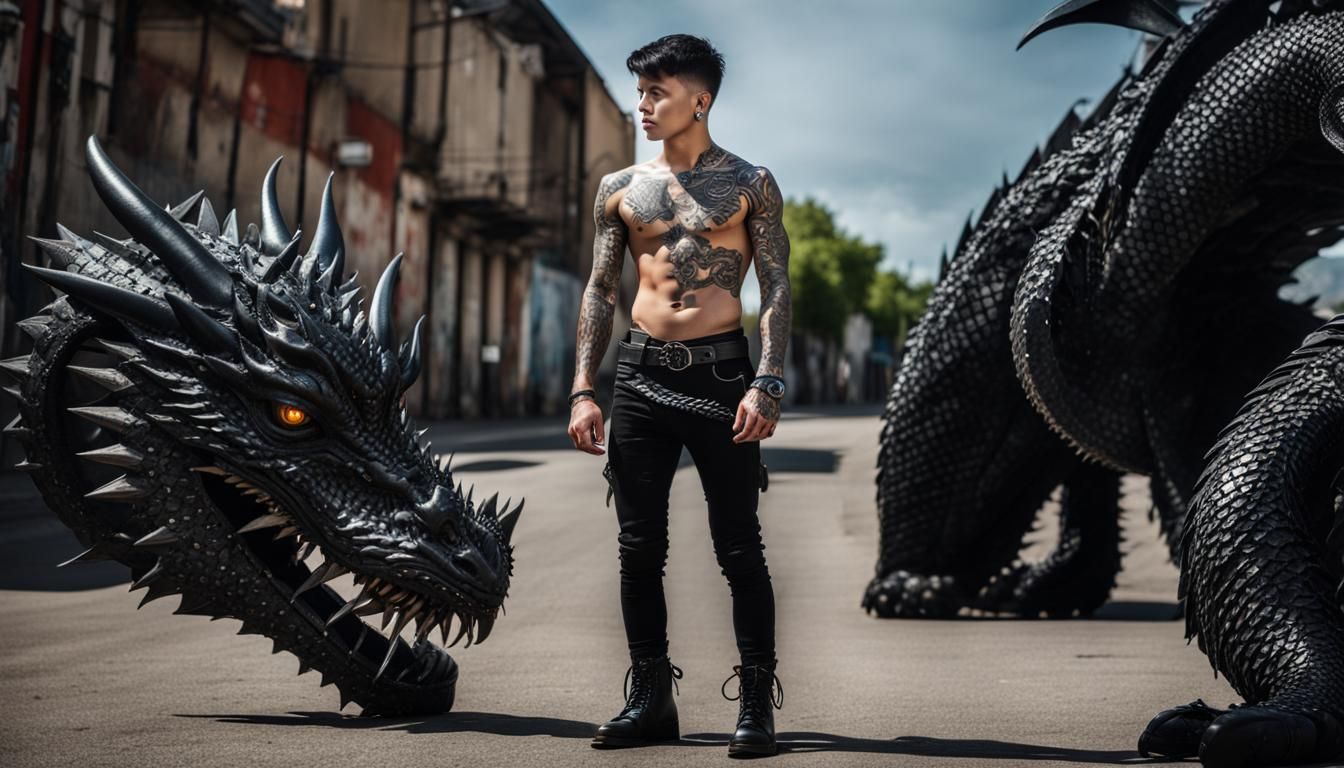 Tattooed young man and dragons