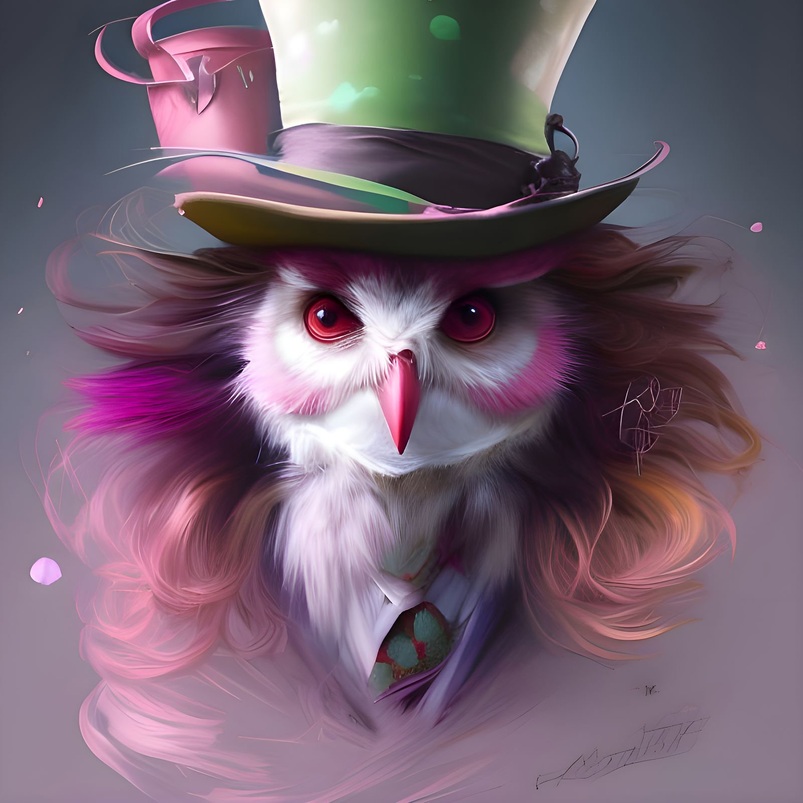 Mad Hatter Owl Portrait in Art Nouveau Style