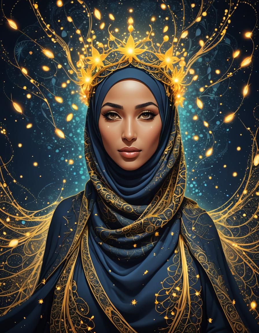 Girl in Hijab with Firefly Crown: Abstract 3D Portrait