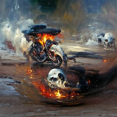 Motorbike on Fire with Skulls: Oil Painting