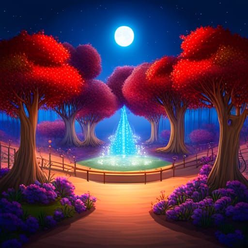 Whimsical Night Park with Glowing Tree in Anime Style