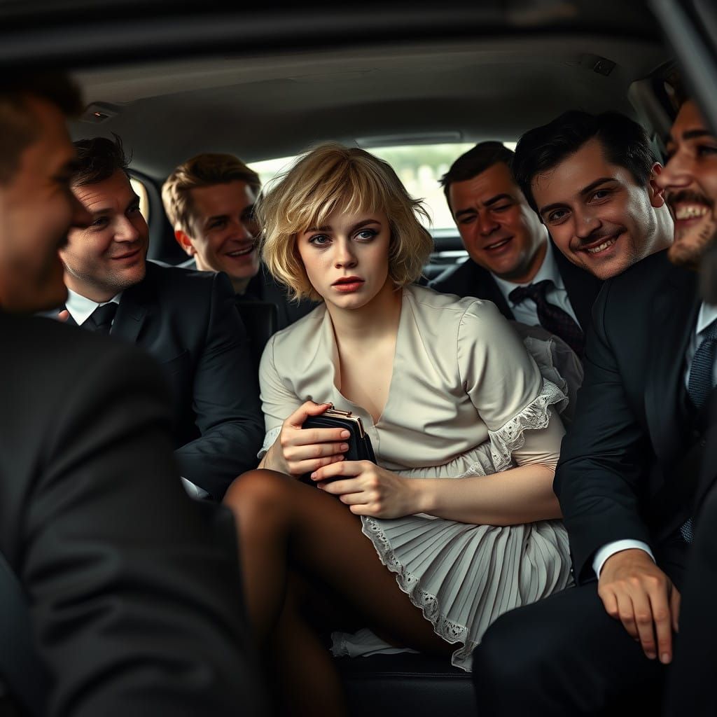 Young Man in Feminine Attire, Surrounded by Playful Friends...