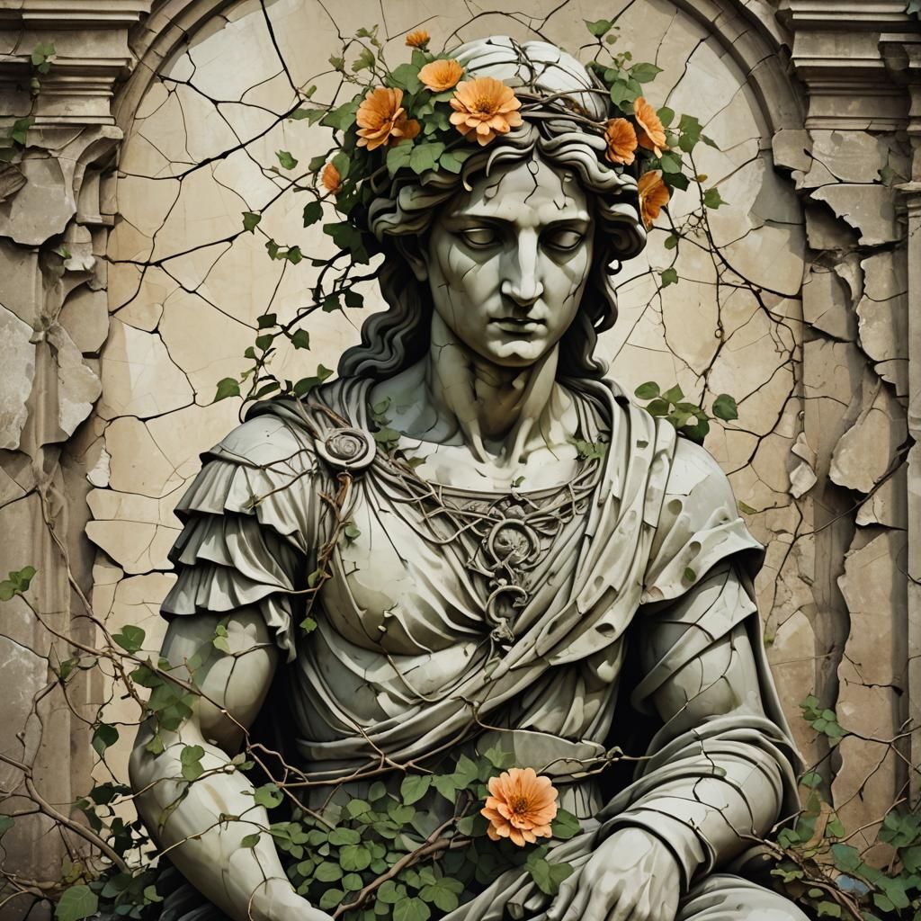 Nature Reclaims History: Fractured Statue in Neoclassical St...