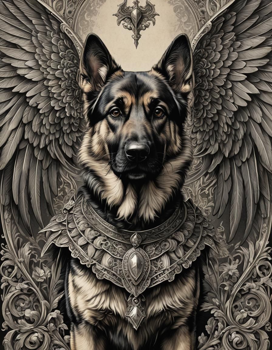 Winged German Shepherd in Art Deco Style