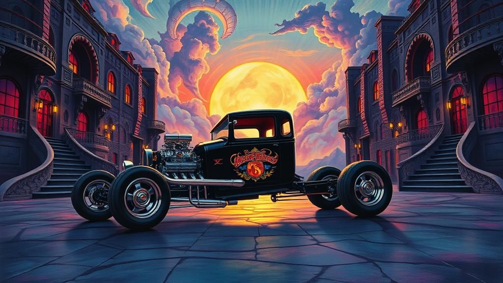 Retro Hot Rod in Escher Cityscape Oil Painting