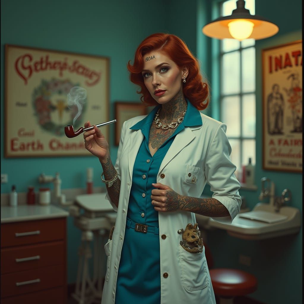 Tattooed Dentist with Pipe in Film Noir Dental Clinic