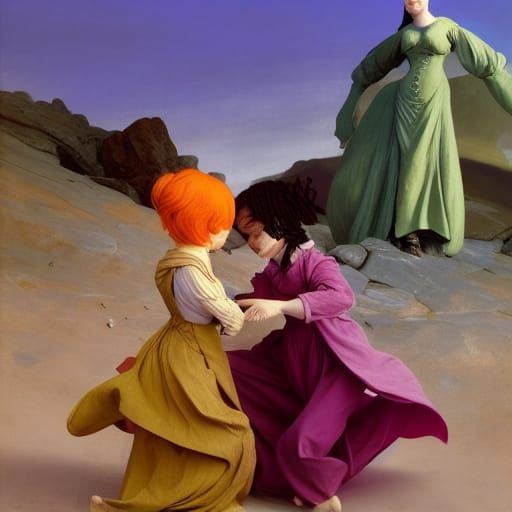 Women Fight Over Dolls, Cel-Shaded Art Style