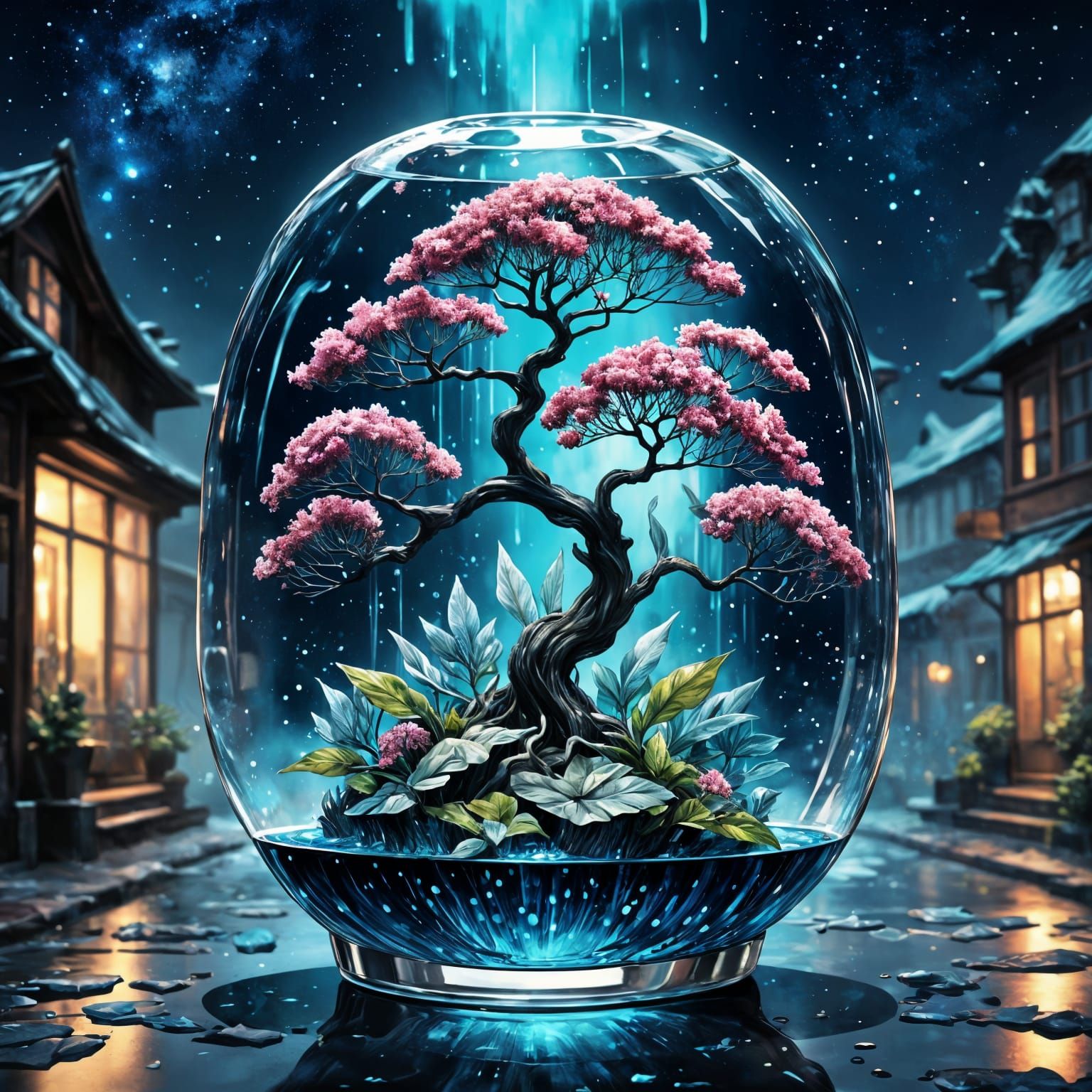 Glowing Flowers in Glass Bottle: Macro Photograph