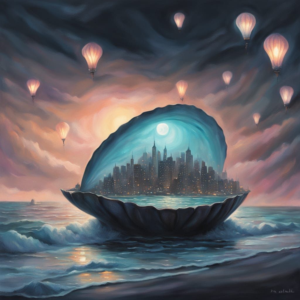 Glowing Miniature City Inside Clamshell, Surrealist Artwork