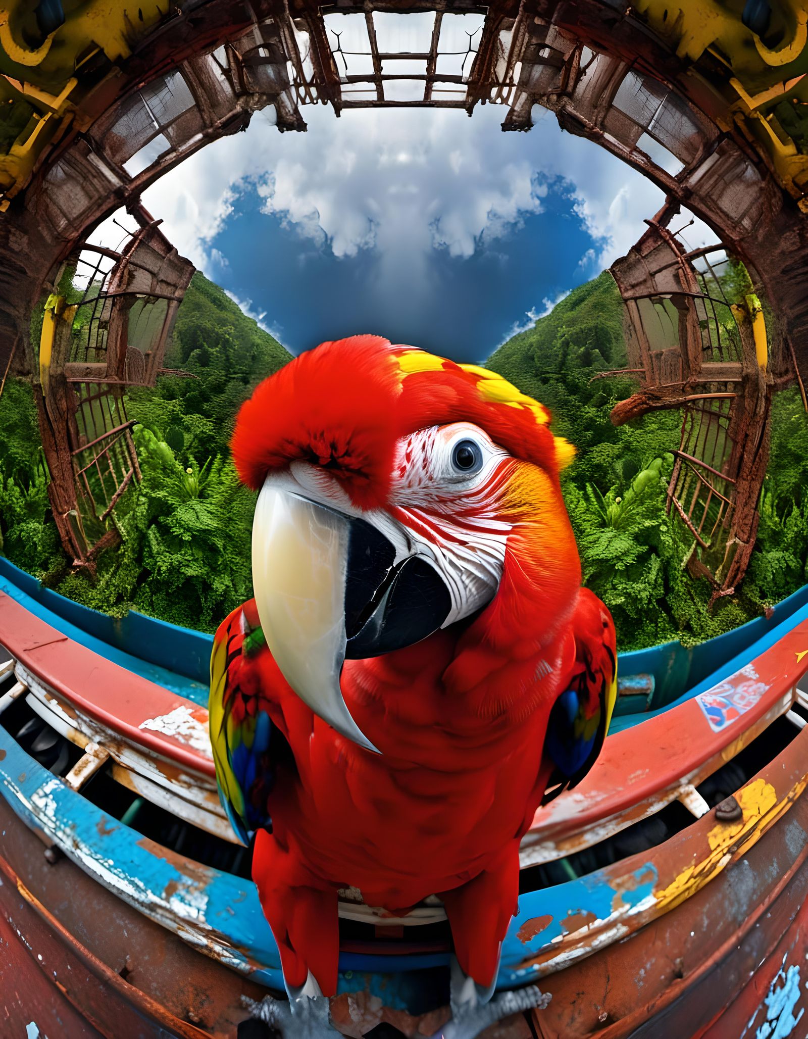Use Fisheye Lens for Photo of (( a life-like authentic Scarlet Macaw (Ara macao) on Roof of Rusted Steampunk Boat
in Rai...
