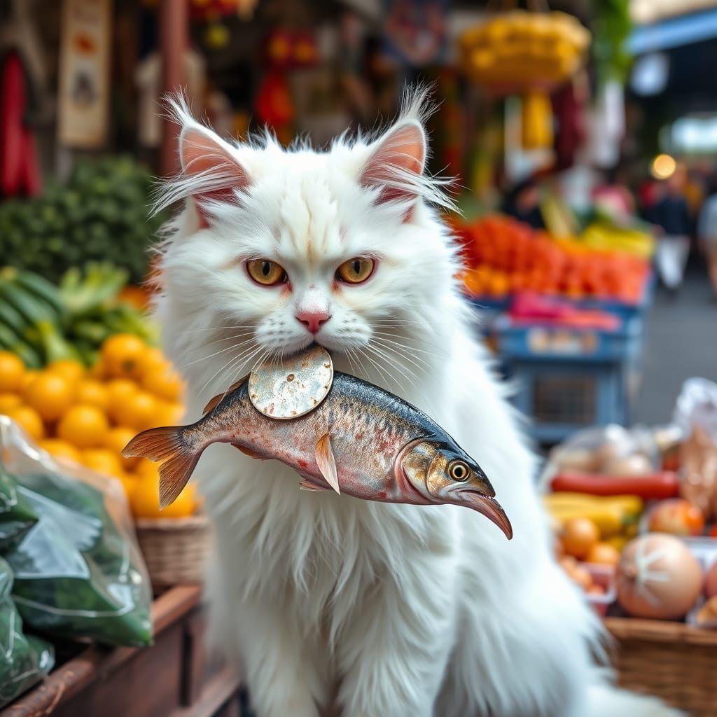 Persian Cat in Market Carries Fish