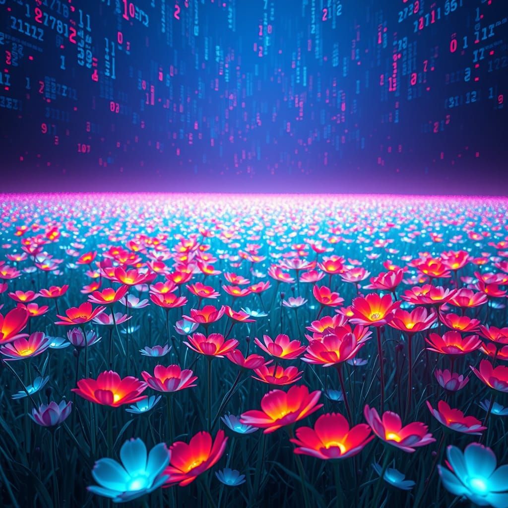 Vibrant Neon Dreamscape of Glowing Code Flowers