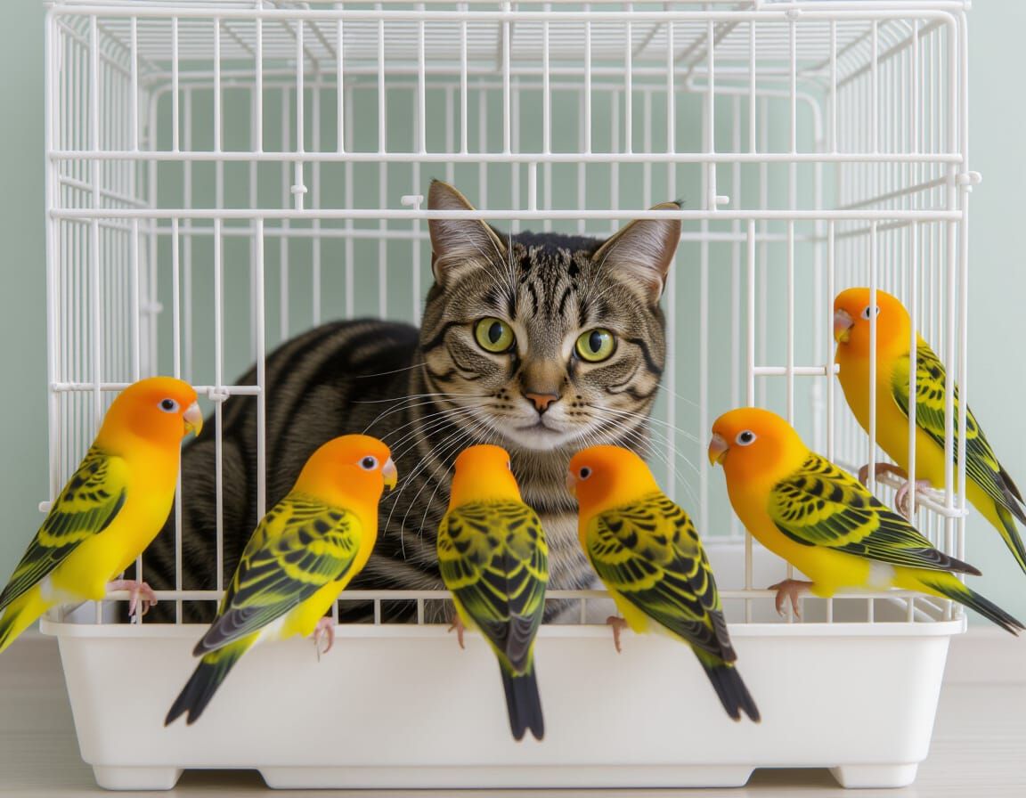 Cat Trapped in Bird Cage, Watched by Canaries