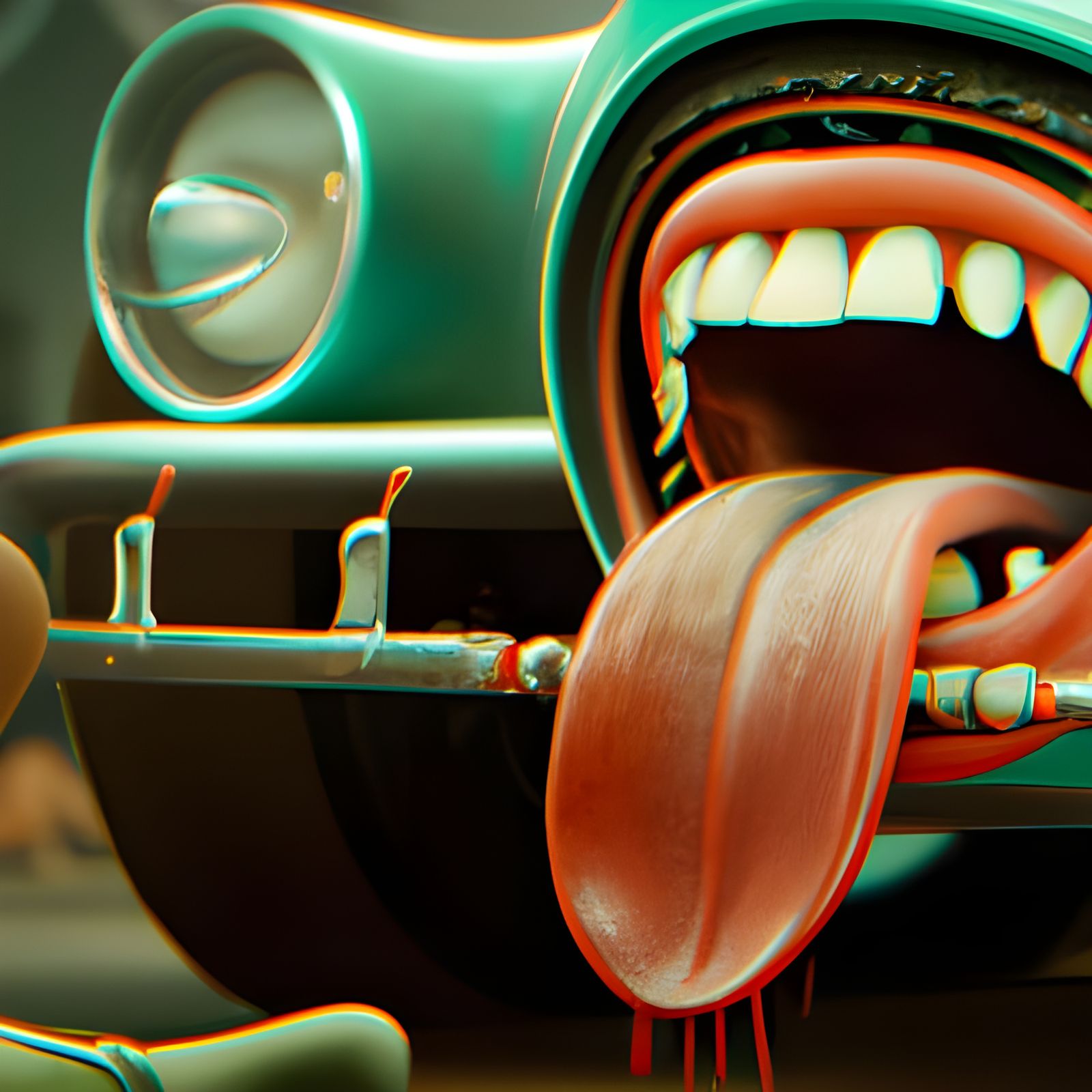 Girl With Tongue Teeth and a Classic Car