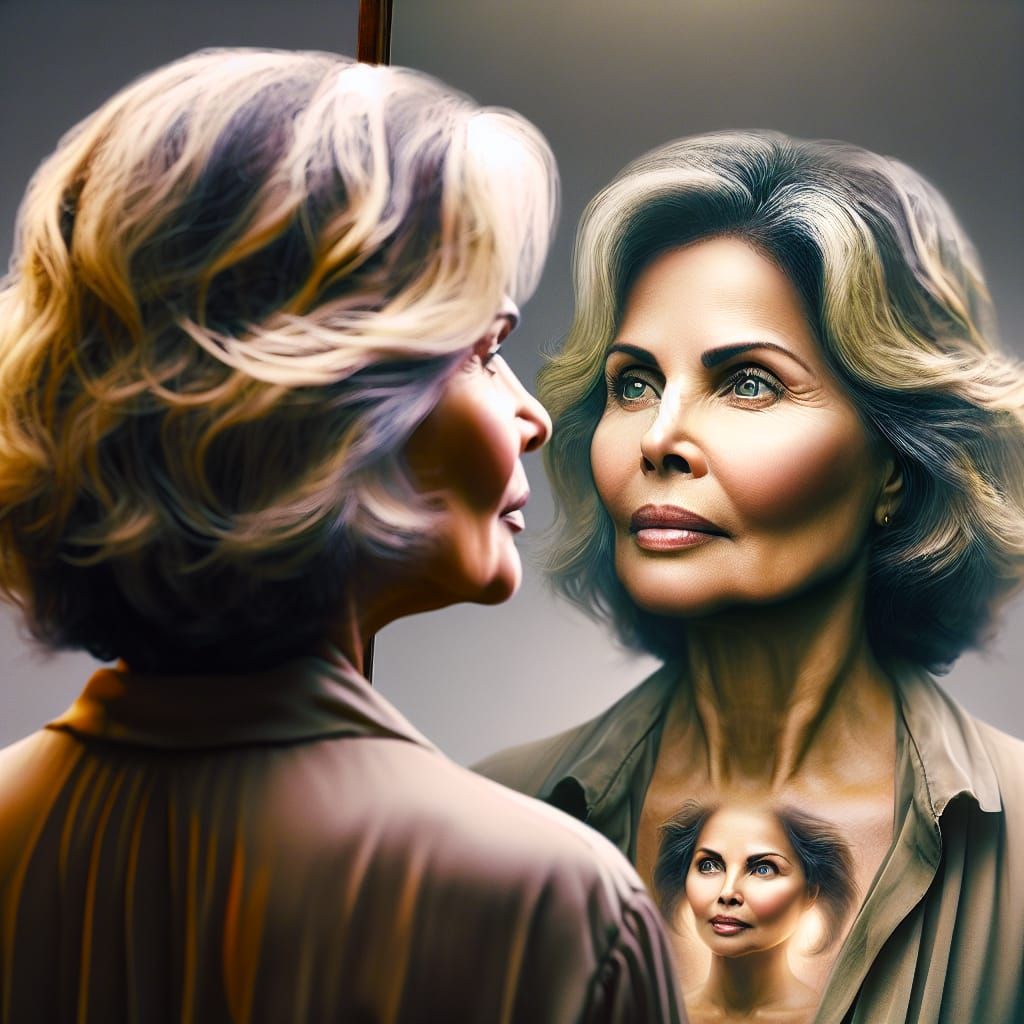 a surreal portrait of an older mature female looking in a mi...