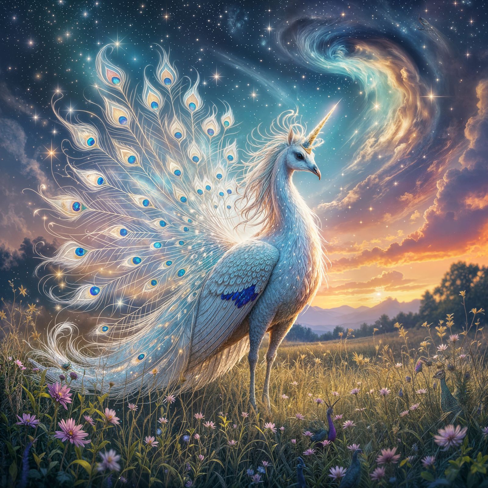 Majestic Peacock-Unicorn Hybrid in Dreamlike Meadow