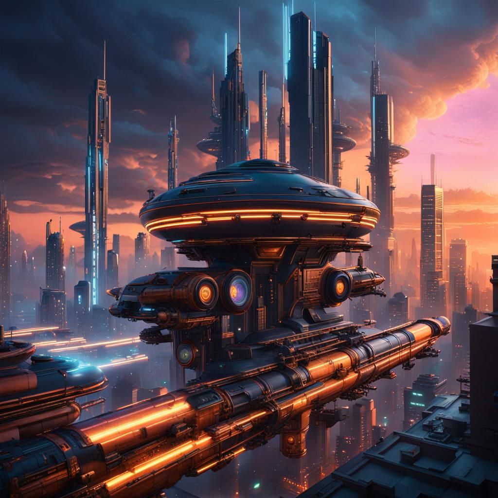Futuristic Dream Machine in Twilight Cityscape