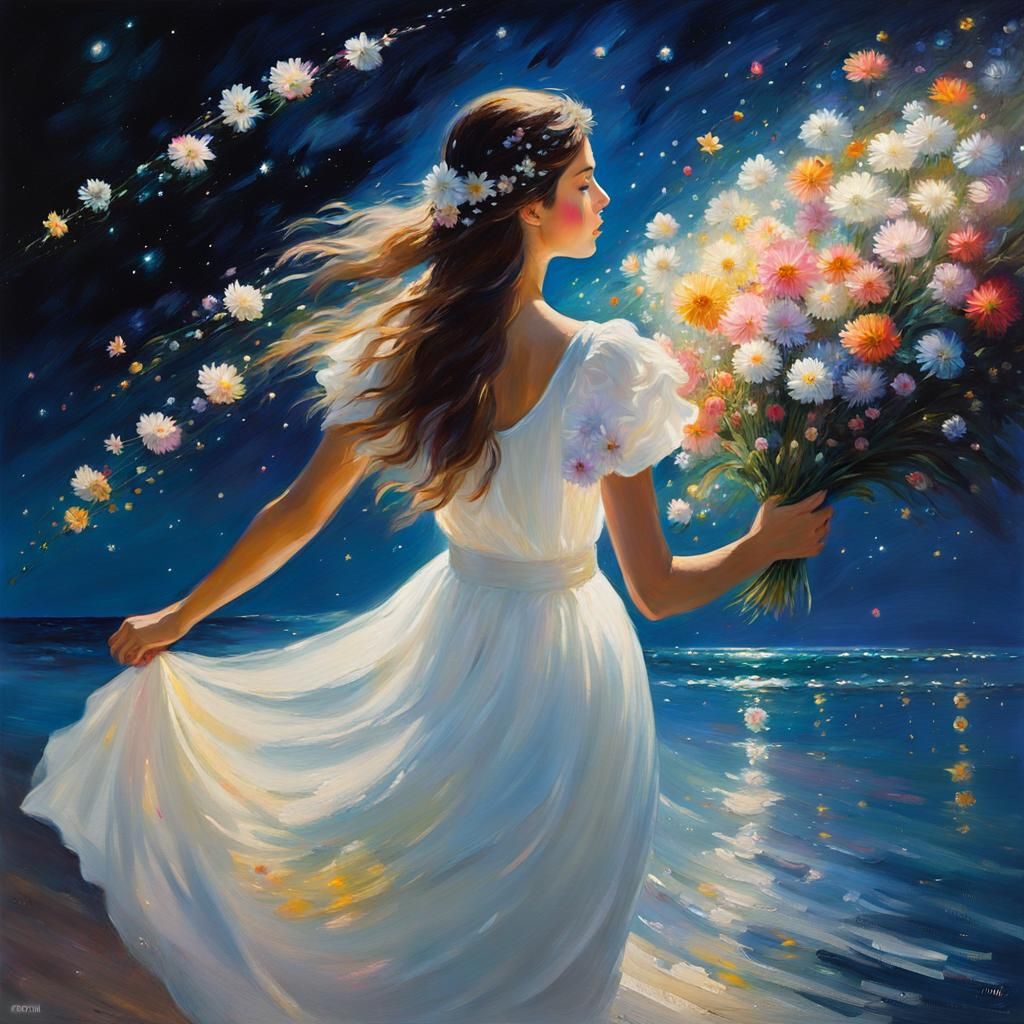 Ethereal Girl Walks Into Sea with Flower Trail