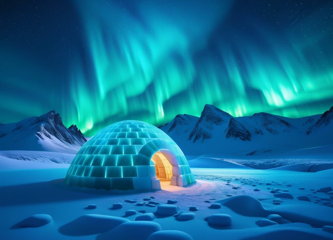 Aurora Borealis Over Ice Igloo at Night