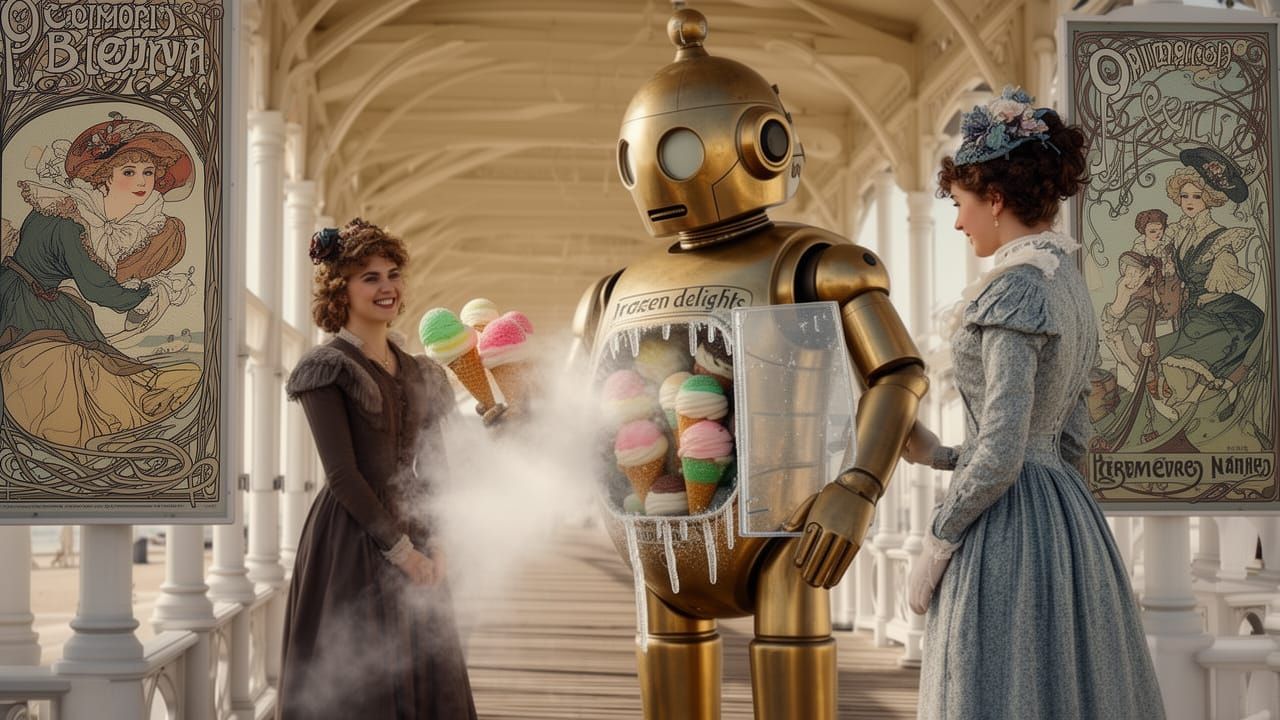 Victorian Robot Sells Ice Cream on Seaside Promenade