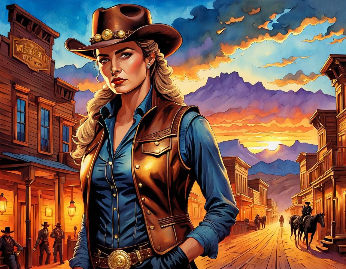 Golden Female Detective in Old West Watercolor