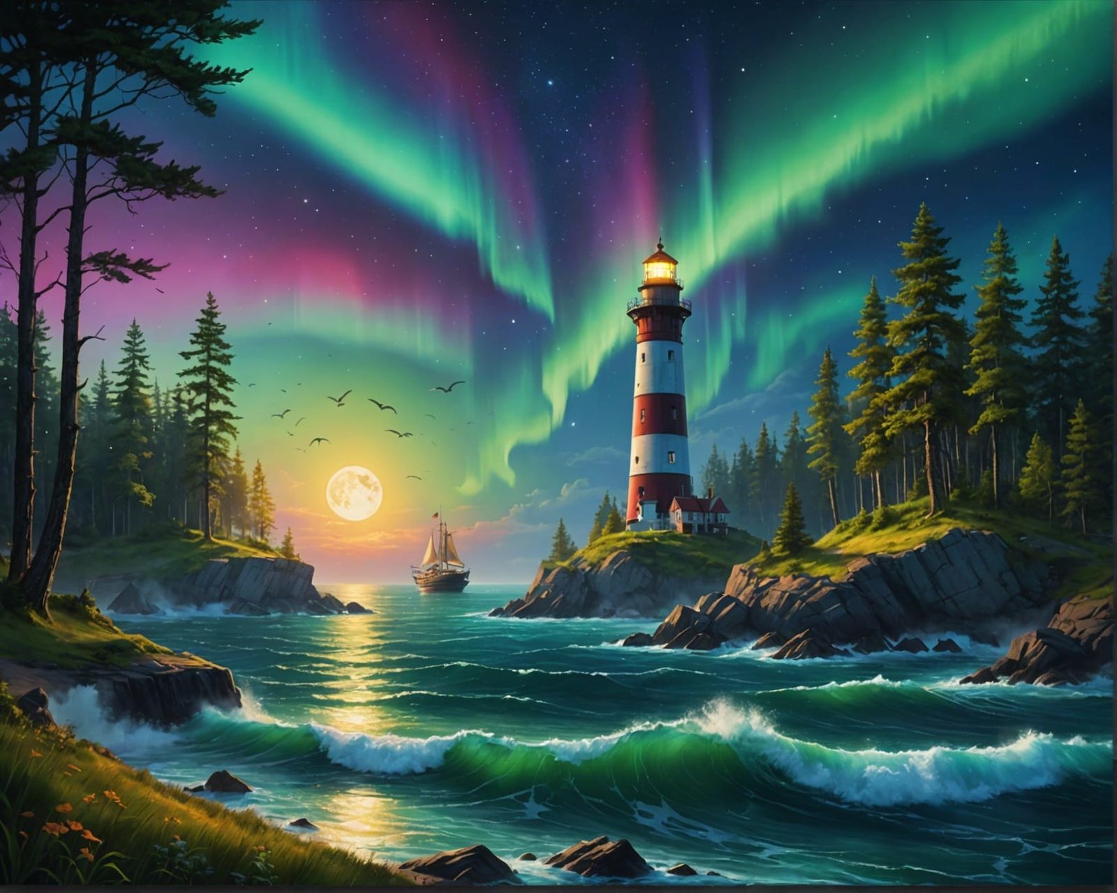 Lighthouse, Forest, and Aurora: Hyperrealistic Oil Painting
