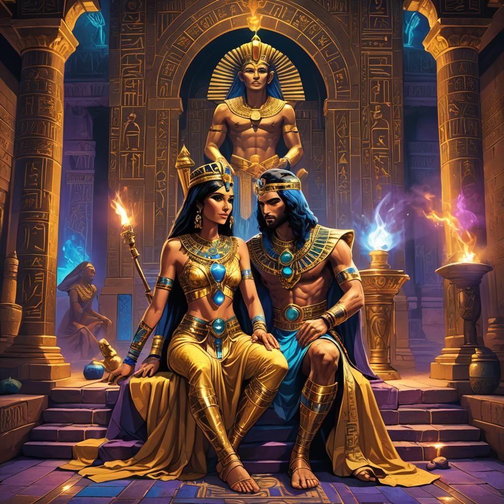 Egyptian Queen Enthroned with Kneeling Prince in Blacklight