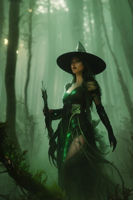 Ethereal Forest Witch in Green Mist, Hyperrealistic Portrait