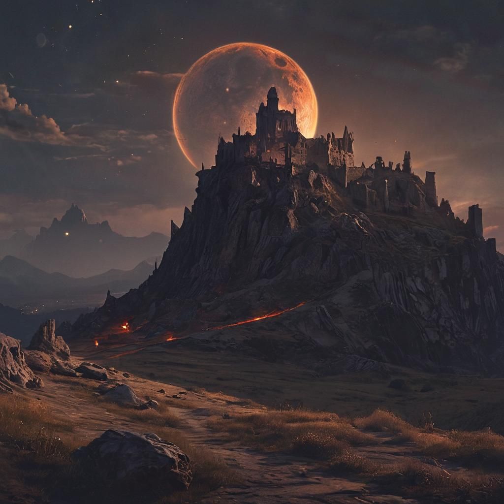 Ruined Castle Under a Glowing Planet: Dark Fantasy Art