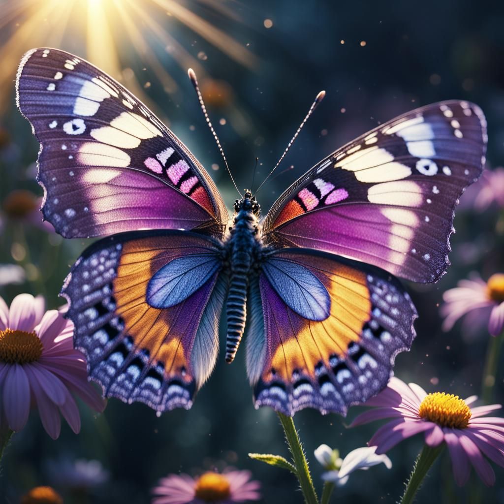 Detailed Purple Butterfly on Flower, Macro Sunlight