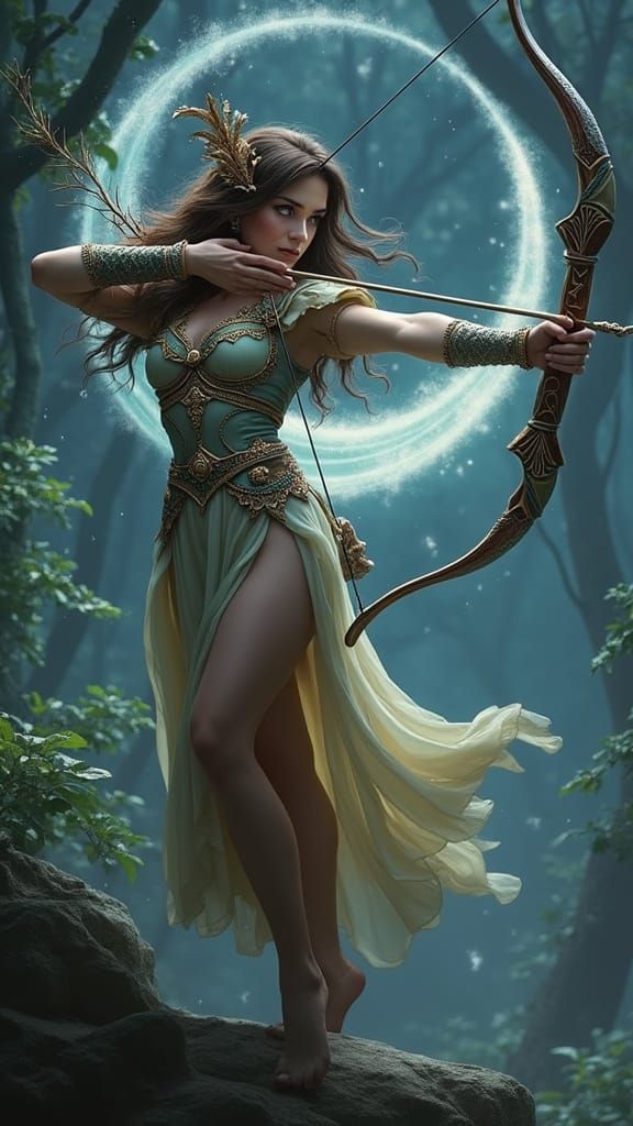 Archer Goddess in Mystical Forest: Fantasy Concept Art