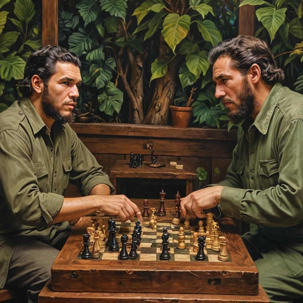 Che Guevara and Fidel Castro intensely playing chess at a wo...