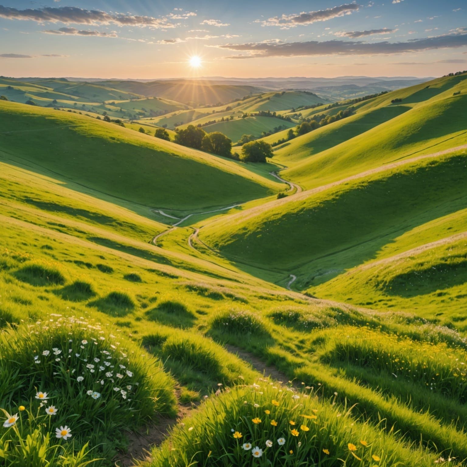 A rolling hills with soft green grass, dotted with wild flower, a sun is high