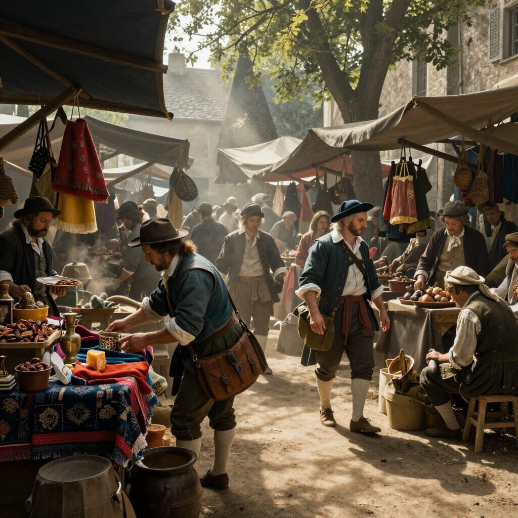 Bustling 1700s Marketplace in Hyperrealistic Style