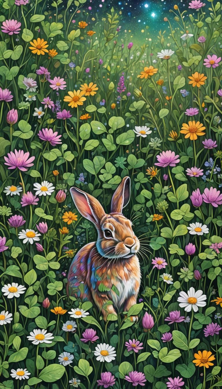 Bunny in Clover Patch: Cosmic Astral Illustration