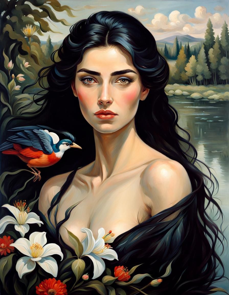 Woman in Lake: Hyperrealistic Oil Painting Portrait