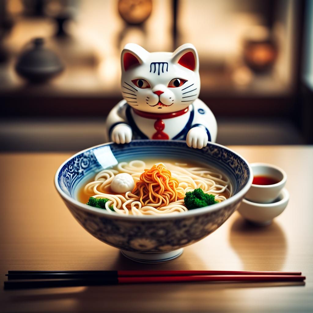 a steaming bowl of ramen, maneki-neko is waiwing next to the...