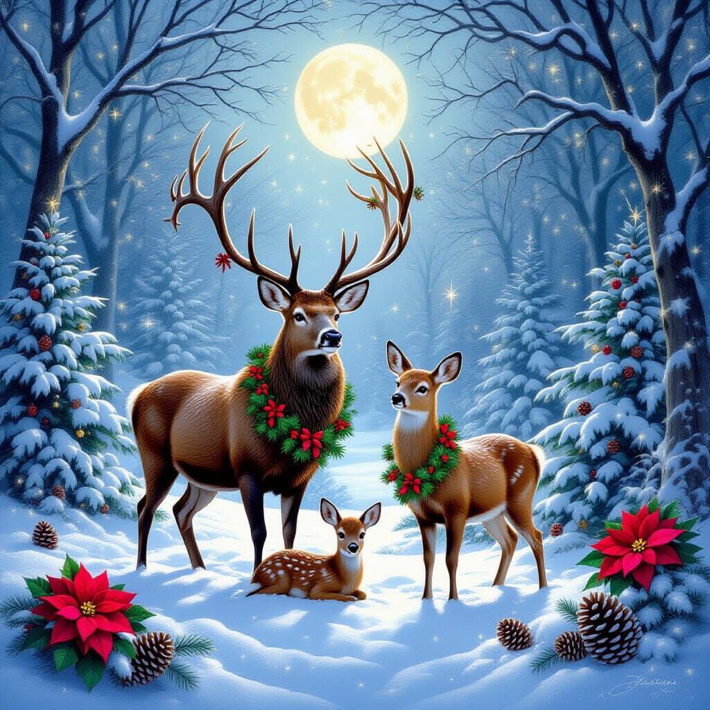 Magical Christmas Stag in Snowy Forest