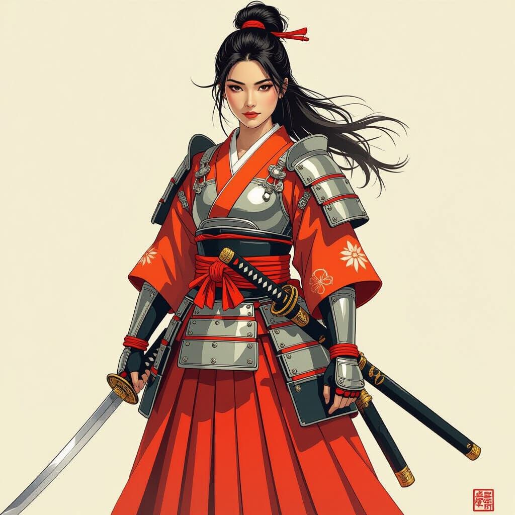 Vibrant Samurai Girl with Katana in Traditional Style