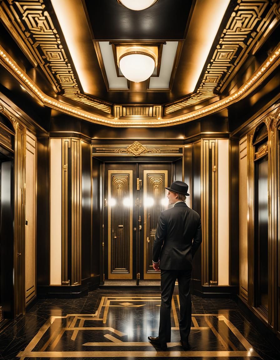 Brad Pitt in Art Deco Elevator, 1930s Style