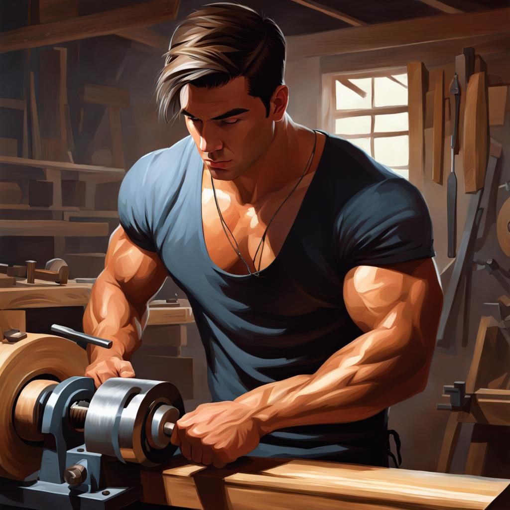 Carpenter Working Lathe in Digital Painting Style