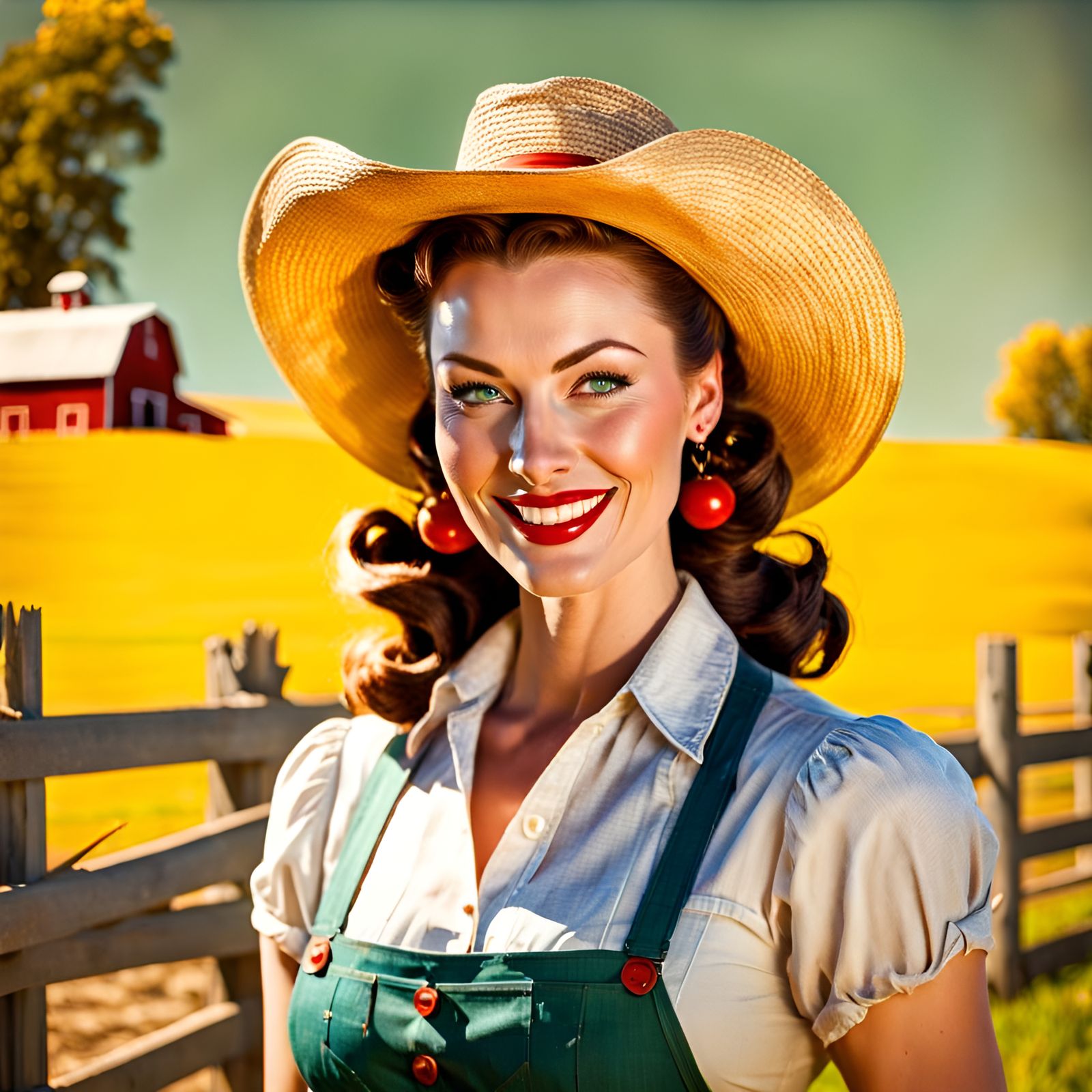 Smiling Farm Girl Portrait in Pin-Up Style