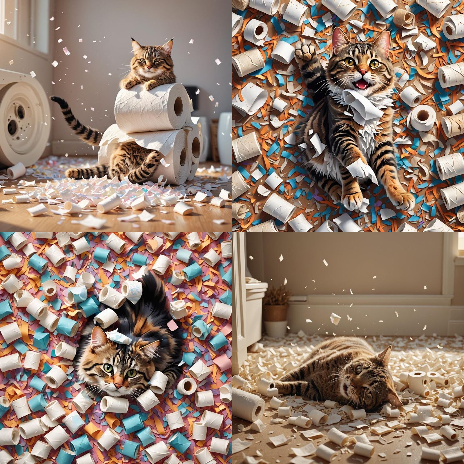 Happy Tabby Cat's Toilet Paper Party